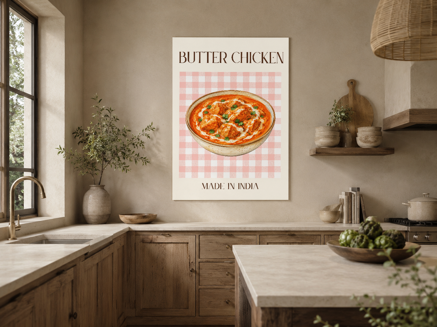 Vintage tarzı mutfakta Butter Chicken baskı poster, doğal ışıkla vurgulanan sanat parçası olarak durmuş.
