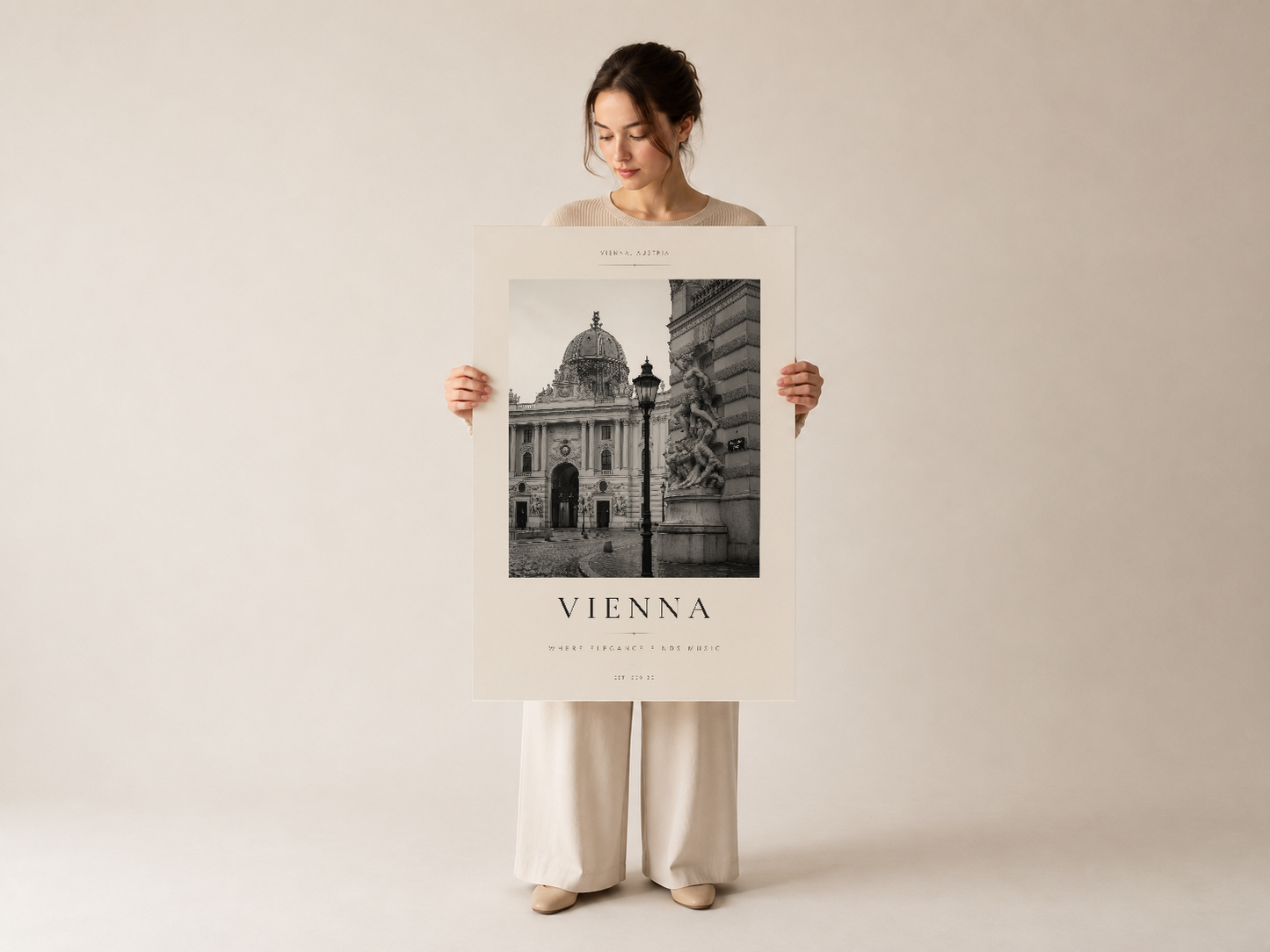 Viyana şehir tablosu, zarafet ve müzik temli siyah-beyaz poster sanat.