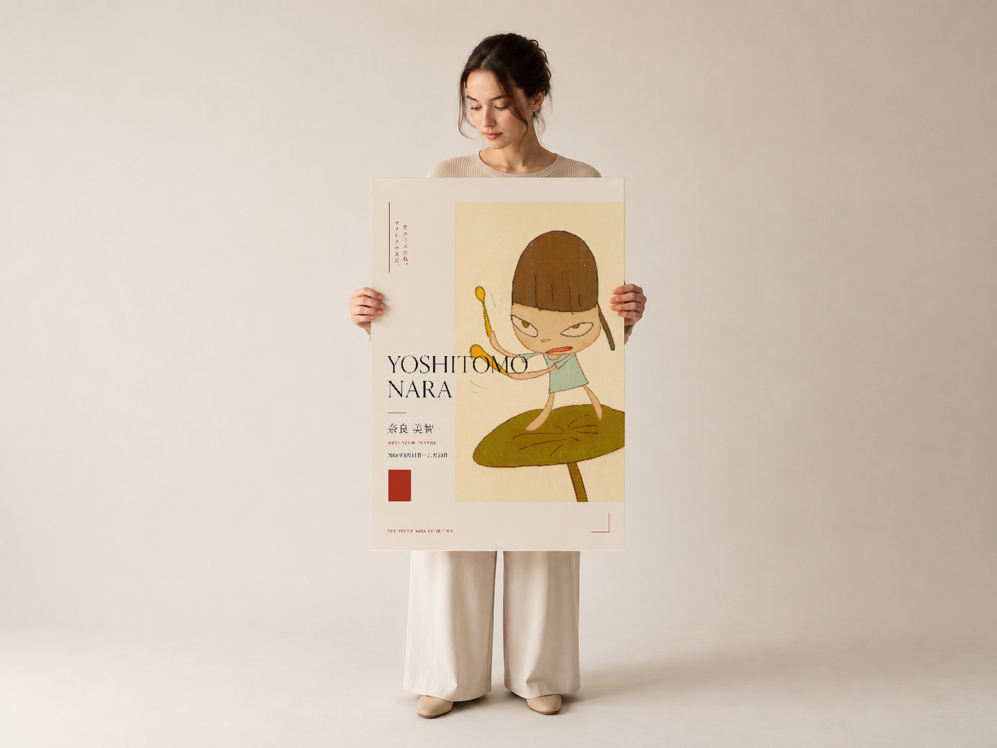 Yoshitomo Nara tablosu, gözlemci tarafından tutulan mujer portre sanat baskısı.