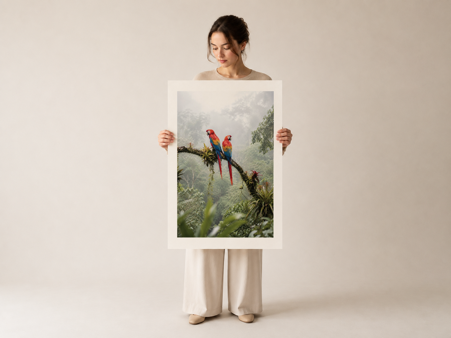 Tuttuğu beyaz çerçeveli tropikal macaw papağan orman fotoğraf tablosu.