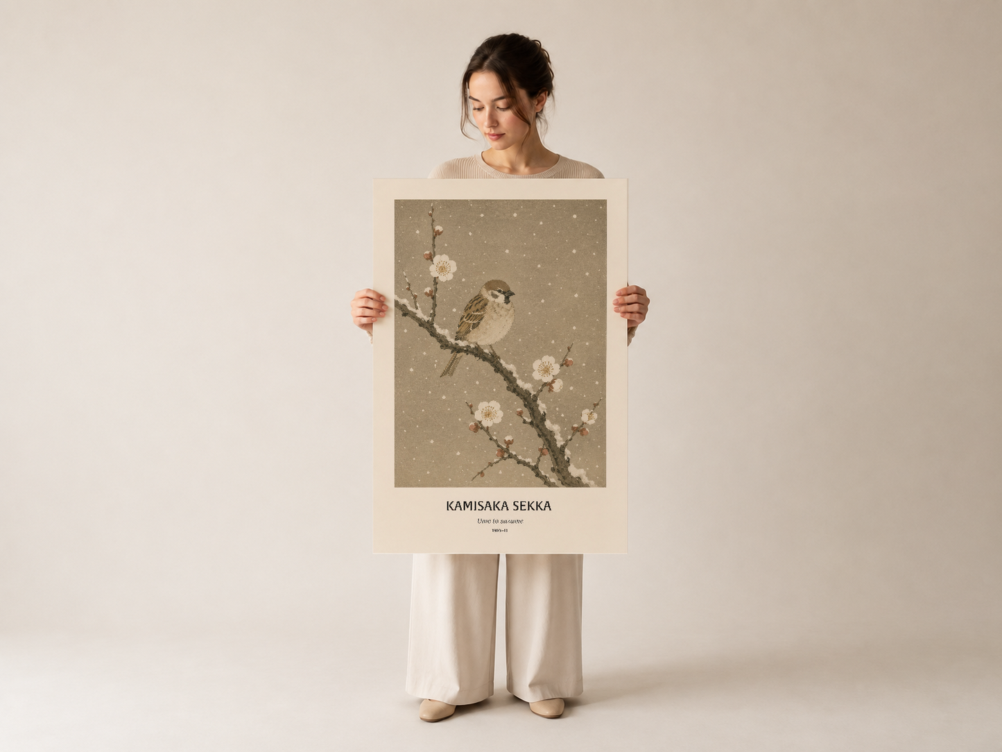 Kamisaka Sekka duvar tablosu, Japon sanatı tarzında kuş ve beyaz çiçeklerin yer aldığı poster, kişi tarafından sunulan