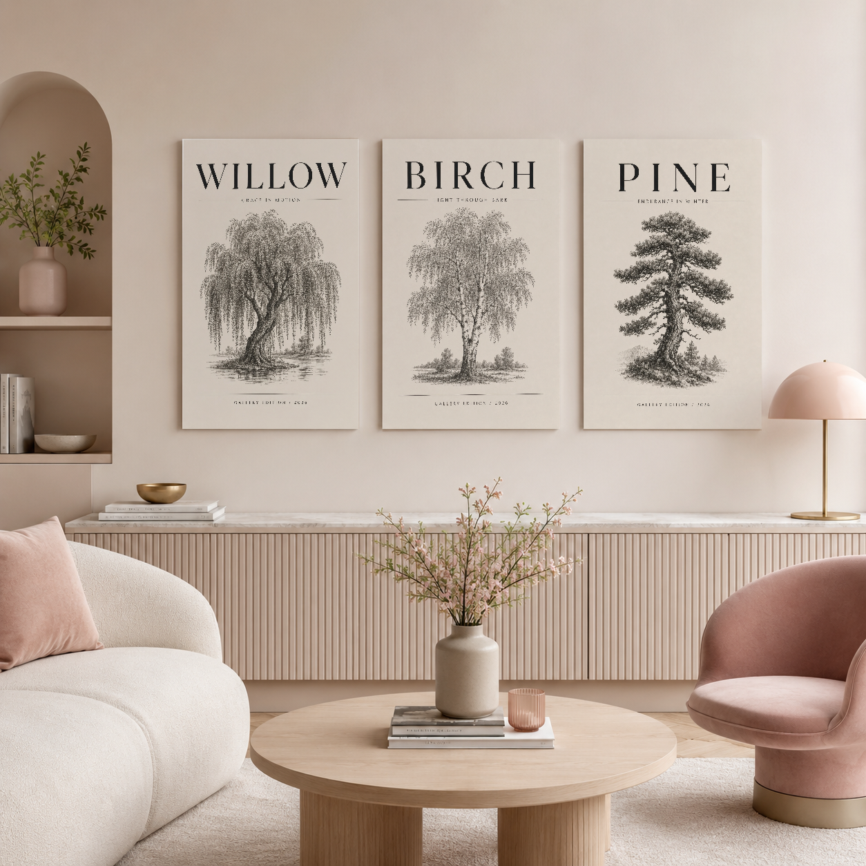 Botanik ağaç tasarımlarından oluşan minimalist tablo üçlüsü, modern yaşam alanlarında doğal estetik yaratır.