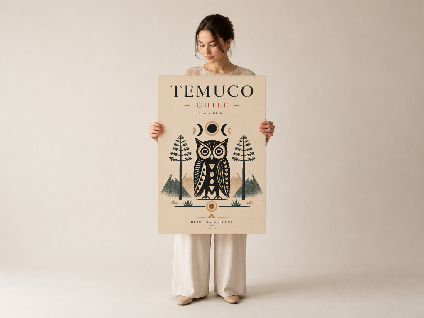 Temuco Chile tablosu, etnografik baykuş tasarımıyla model tarafından tutularak sunuluyor.