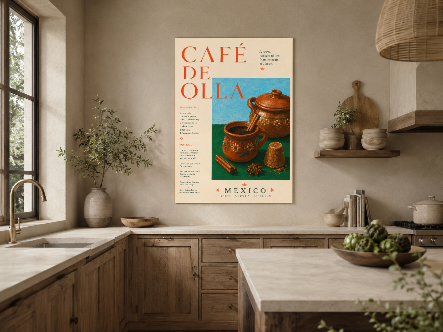 Vintage Meksika posteri, doğal ahşap kabinetlerle eşleşen nostaljik tasarımıyla çiftçi stilinde mutfakları tamamlıyor.