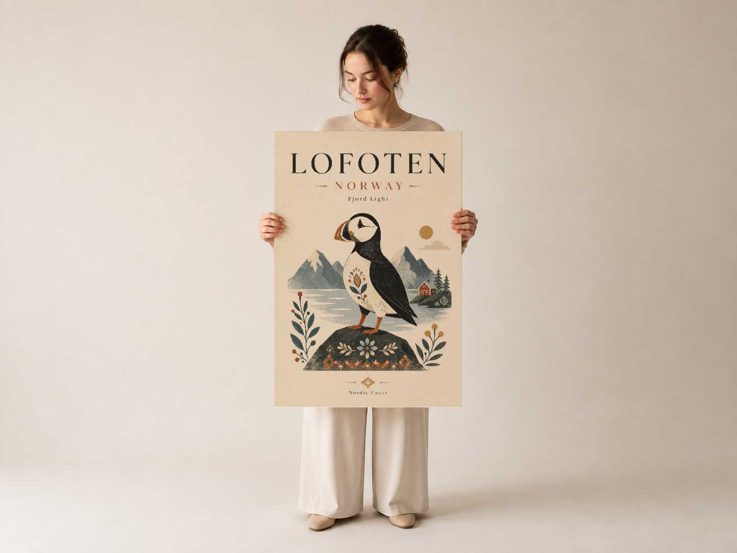 Lofoten Norveç sanat eseri, siyah çerçevede, dağ ve deniz manzarası içinde puffin kuşunun Nordik ruh yansıtıyor.