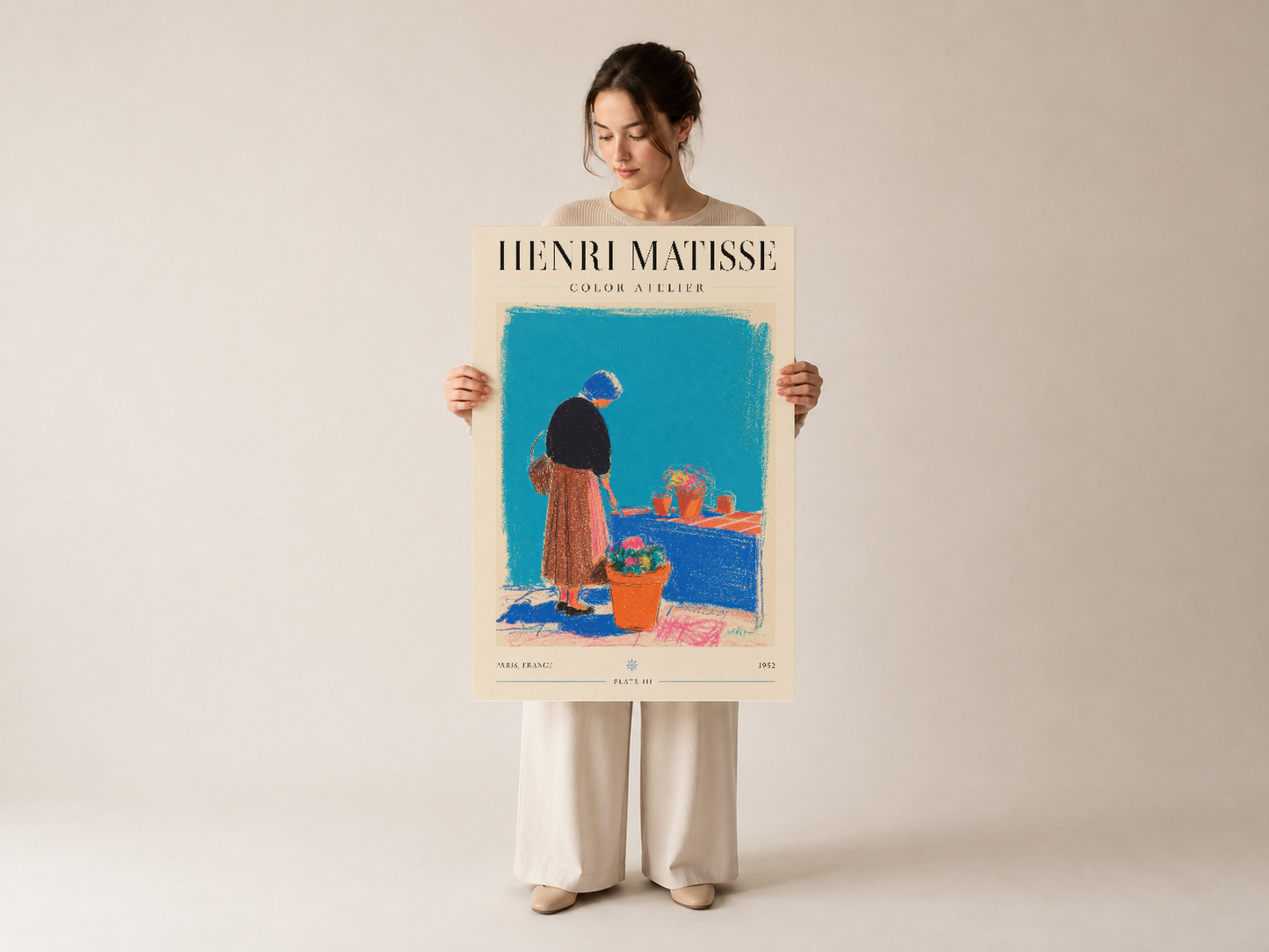 Henri Matisse Color Atelier tablosu, retro stil renkli baskı ve soyut figüratif tasarımı ile döneminin sanatını yansıtıyor.