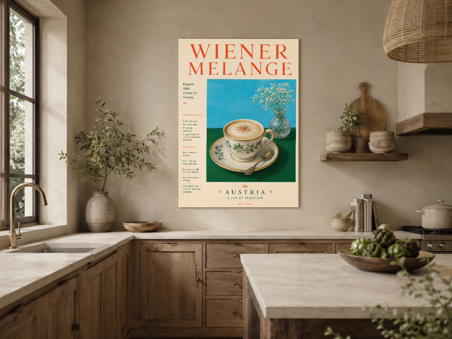Retro poster sanat eseri, ahşap donanımlı modern mutfakta klasik Avusturya kahve kültürünü yansıtıyor.