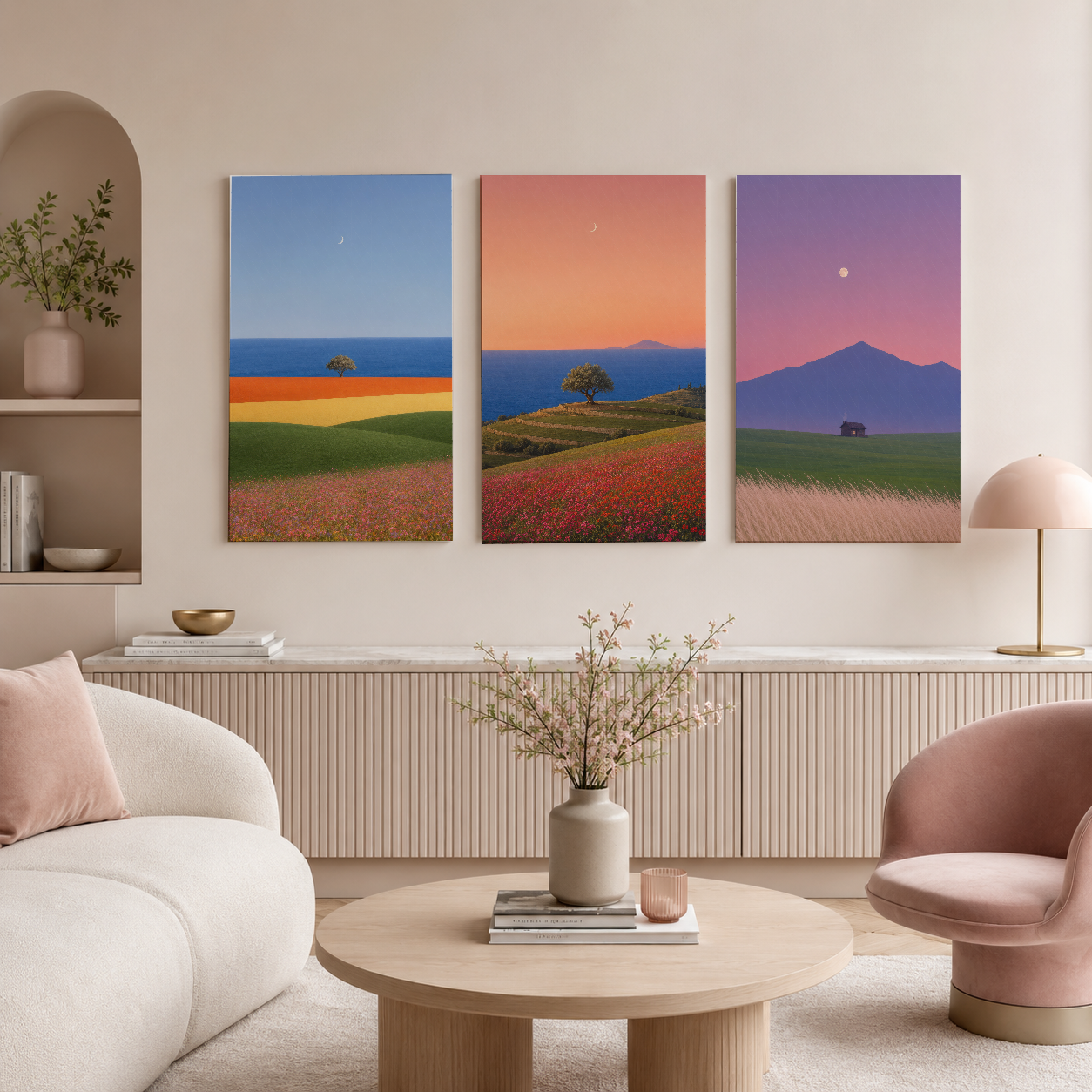 Minimalist doğa manzaraları içeren geniş üç parçalı tablo, modern iç tasarım yapısında duvar dekorasyonunu tamamlamaktadır.