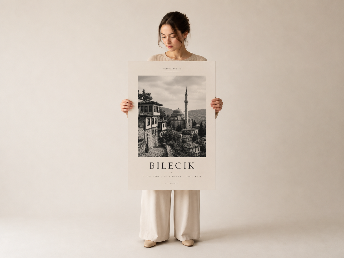 Bilecik'in dokunaklı manzarasını resmeden siyah beyaz sanat posteri, klasik tablo formatı.