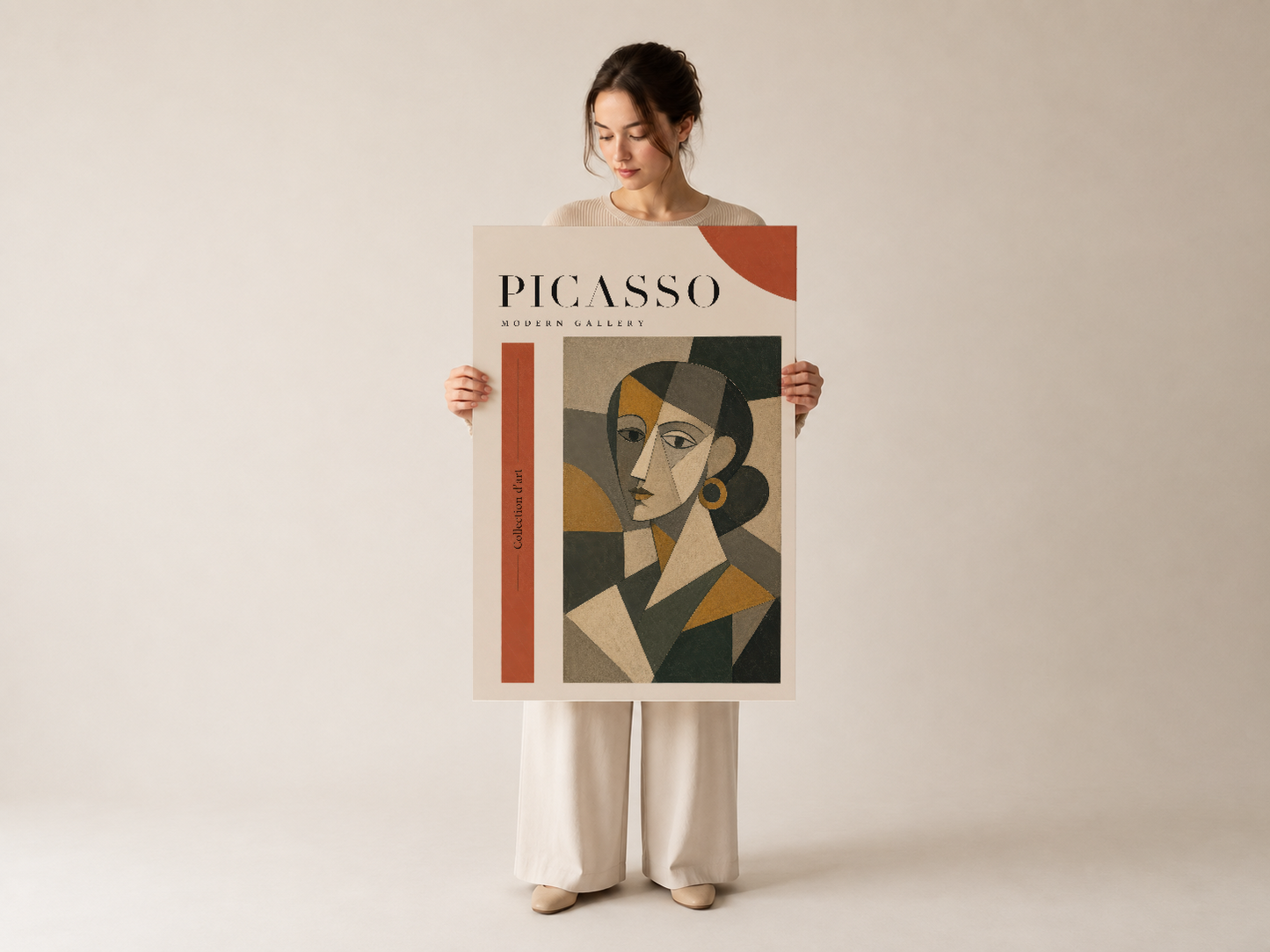 Picasso Modern Gallery posteri, krem bezeli baskı halinde, turuncu siyah ve bej tonlarında soyut kadın portresiyle ilham