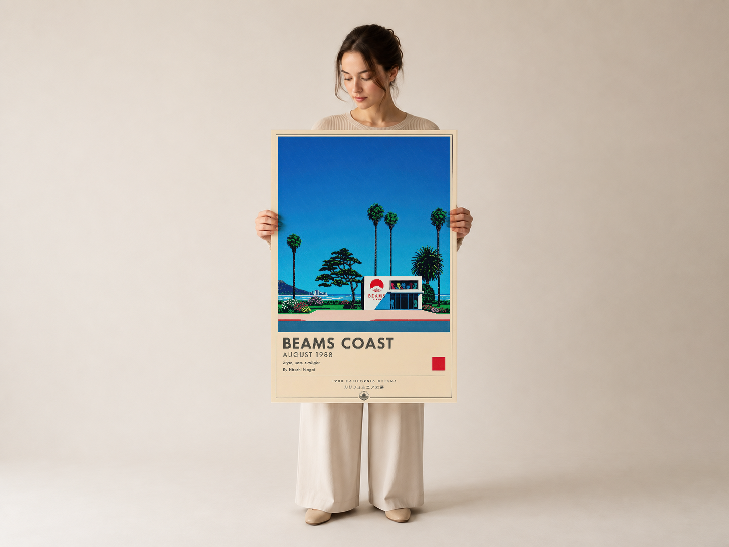 Beams Coast duvar tablosu, vintage estetik, palmiye ve sahil evlerinin stilize edilmiş tasarımı.