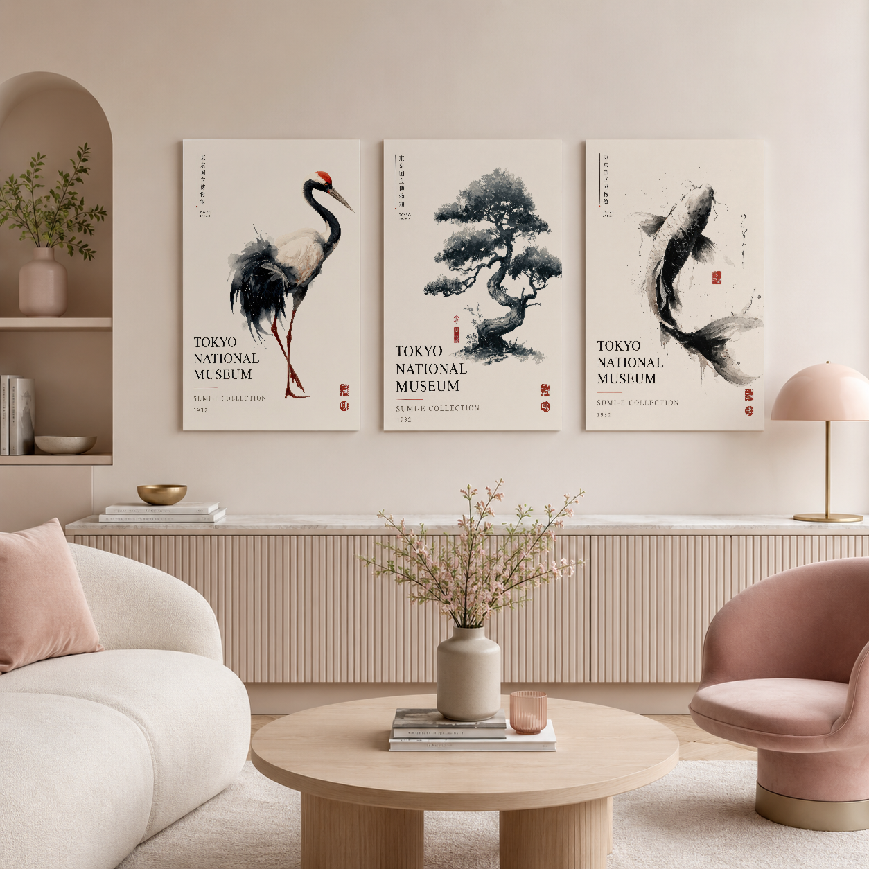 Pembe aksesuar detaylarıyla modern iç mekanda sergilenen, Tokyo Müzesi koleksiyonundan esinlenen asimetrik tablo seti.