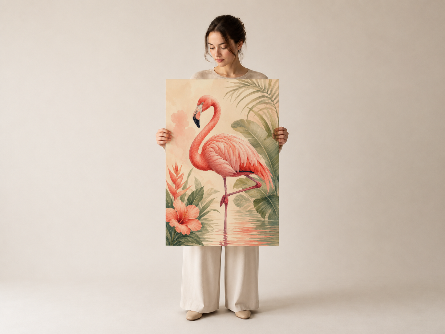 Kadın tarafından gösterilen, rengarenk botanik elemanlı vintage stil flamingo duvar sanat tablosu.
