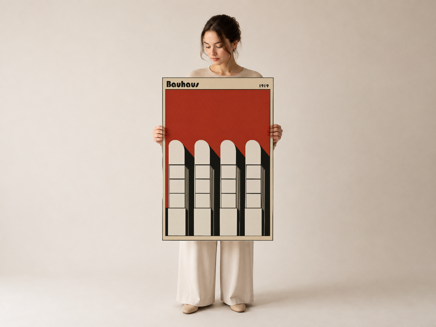 Bauhaus 1919 tasarımı pencere poster, art deco tarzında kırmızı zeminde stilize beyaz pencereler, duvar sanat baskısı.