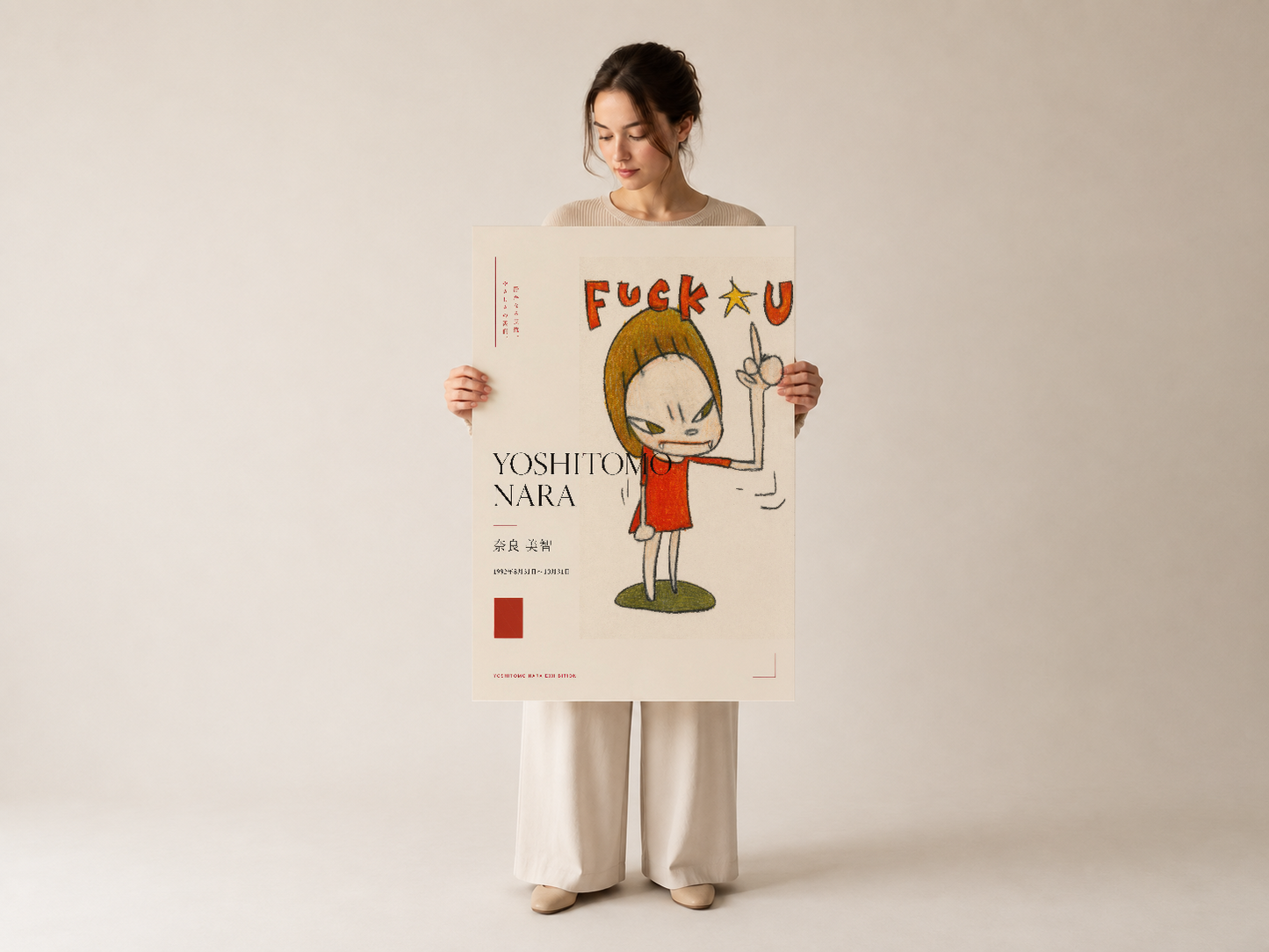 Yoshitomo Nara'nın pop-art stilindeki bu tablo, tuttulduğunda büyük etki ve güç hissettiriyor.