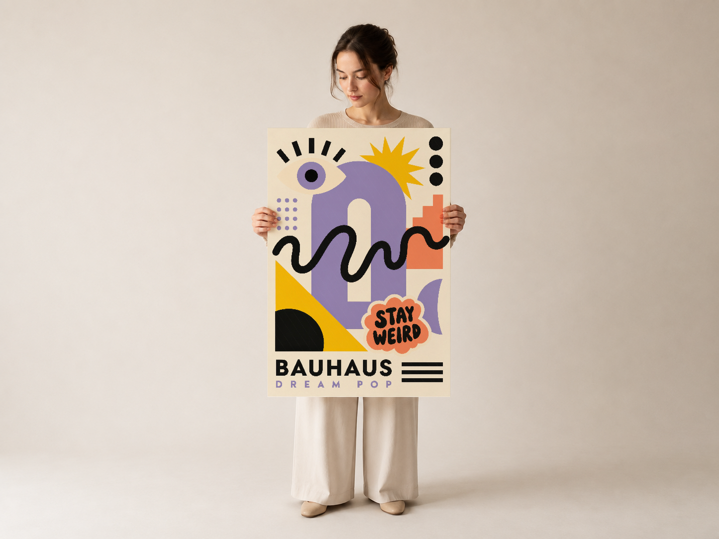 Bauhaus Dream Pop poster baskısı, soyut geometrik tasarımı ve renk paletini gösteren duvar dekorasyonu tablosu.