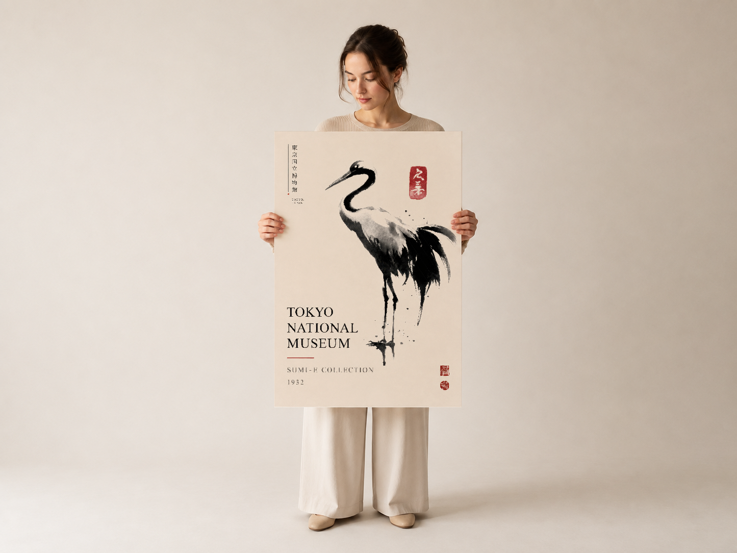 1932 Tokyo National Museum Sumi-e koleksiyonundan esinlenen, turna tasarımlı duvar sanat tablosu.