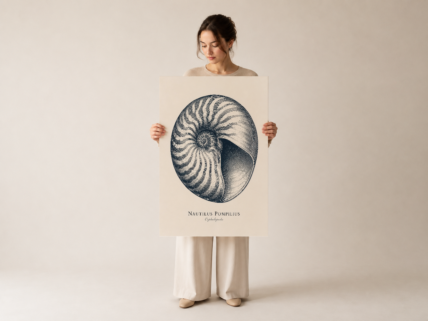 Antik stil nautilus kabuğu illüstrasyonlu poster, kadın tarafından sunuluyor, sanat baskısı detayı.