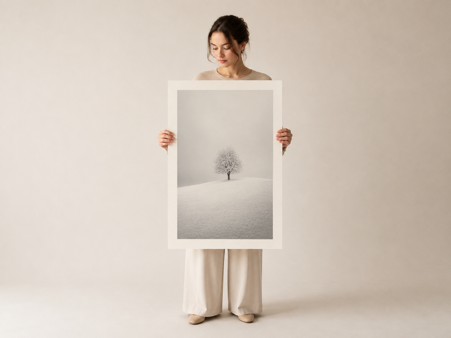 Minimalist karlı manzara tablosu; sakin ve meditasyonbahşedici siyah beyaz sanat eseri.