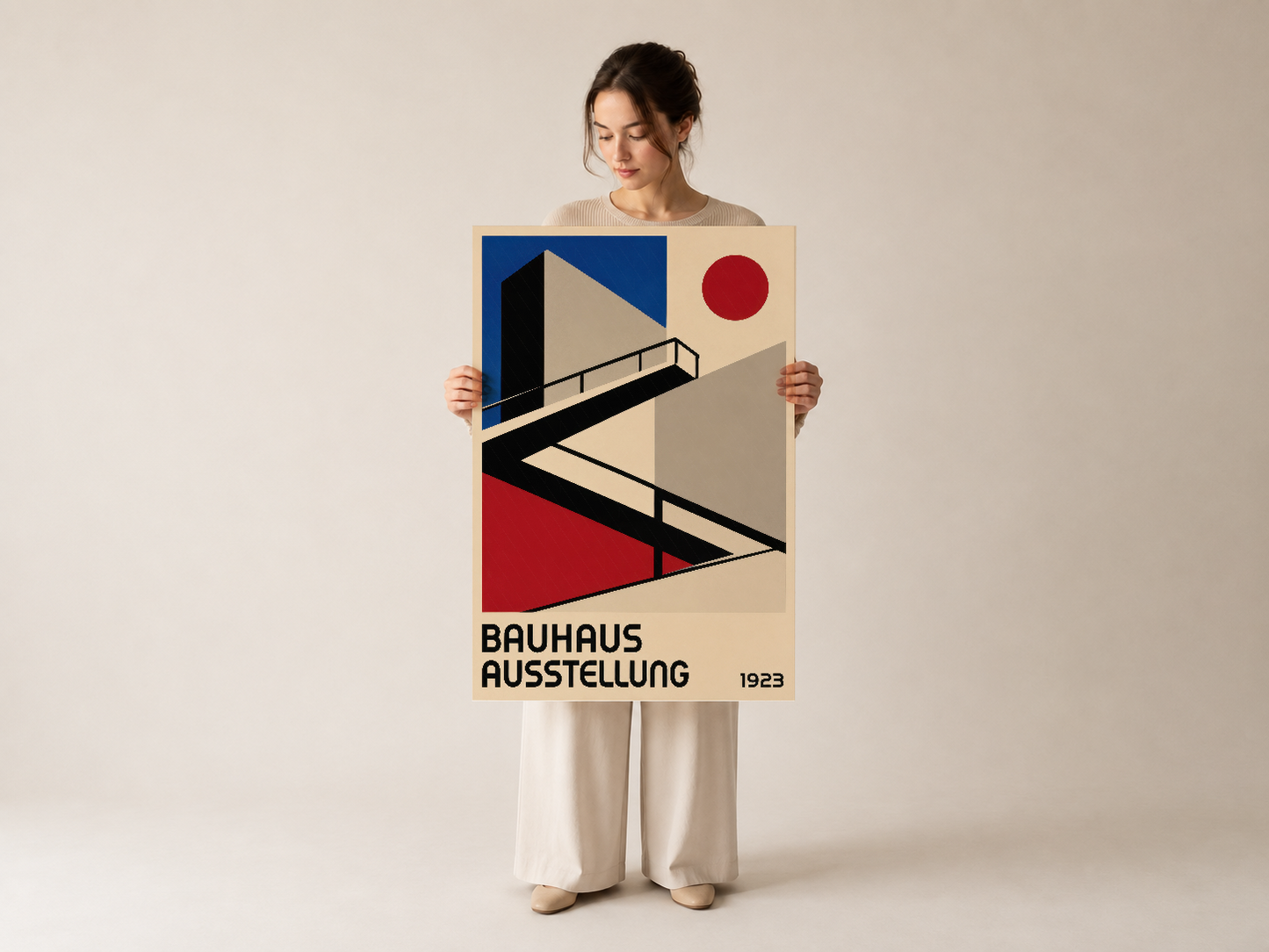 1923 Bauhaus poster, ikonik merdiven motifi ve Art Deco tarzı soyut tasarımı.