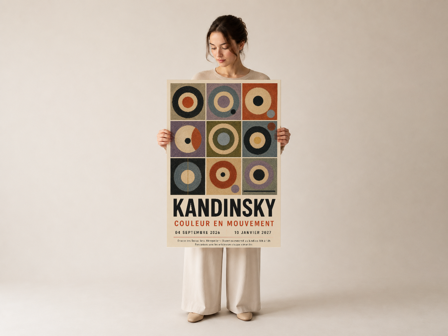 Kandinsky imzalı renkli daire motifli poster, sanat ve tasarım meraklıları için ideal dekoratif seçim.