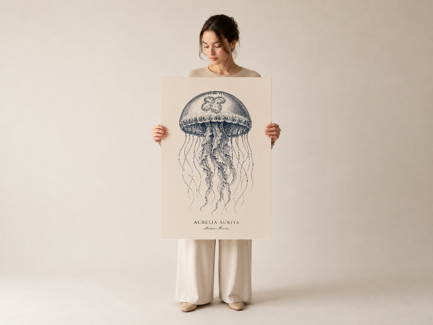 Yüksek kaliteli denizanası poster, antik botanik tarzı tasarım, ekru kağıda basılı sanat yapıtı.