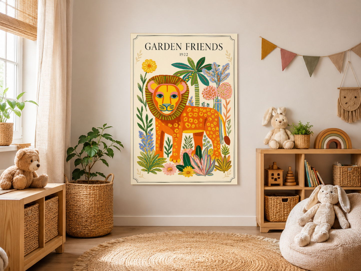 Garden Friends aslanı duvar tablosu, ahşap çerçeveli, doğal renkli oyuncu odasında bitki ve oyuncaklar arasında.