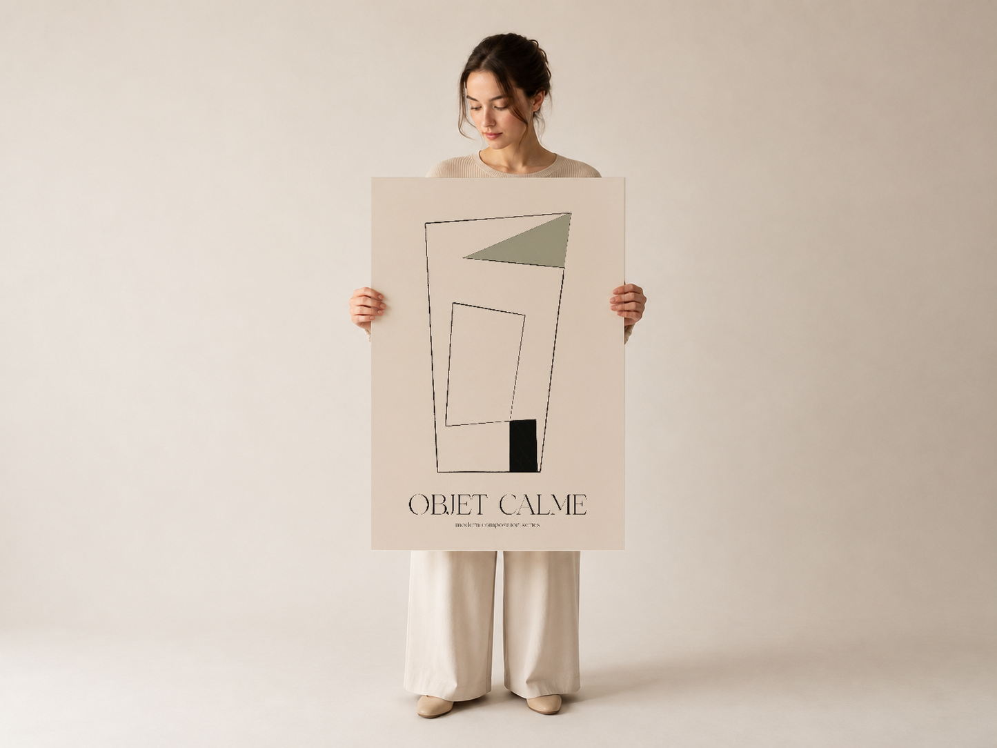 Objet Calme duvar tablosu, soyut geometrik tasarımı ve şık tipografiyle dikkat çeken dekoratif poster.