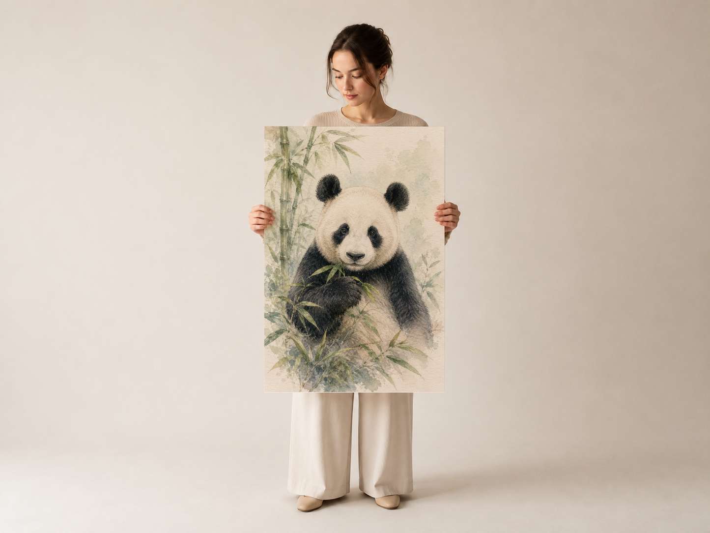 Elle tutulan bu tablo, canlı renkleri ve yumuşak çizgileriyle panda hayvanını şefkatle anlatıyor.