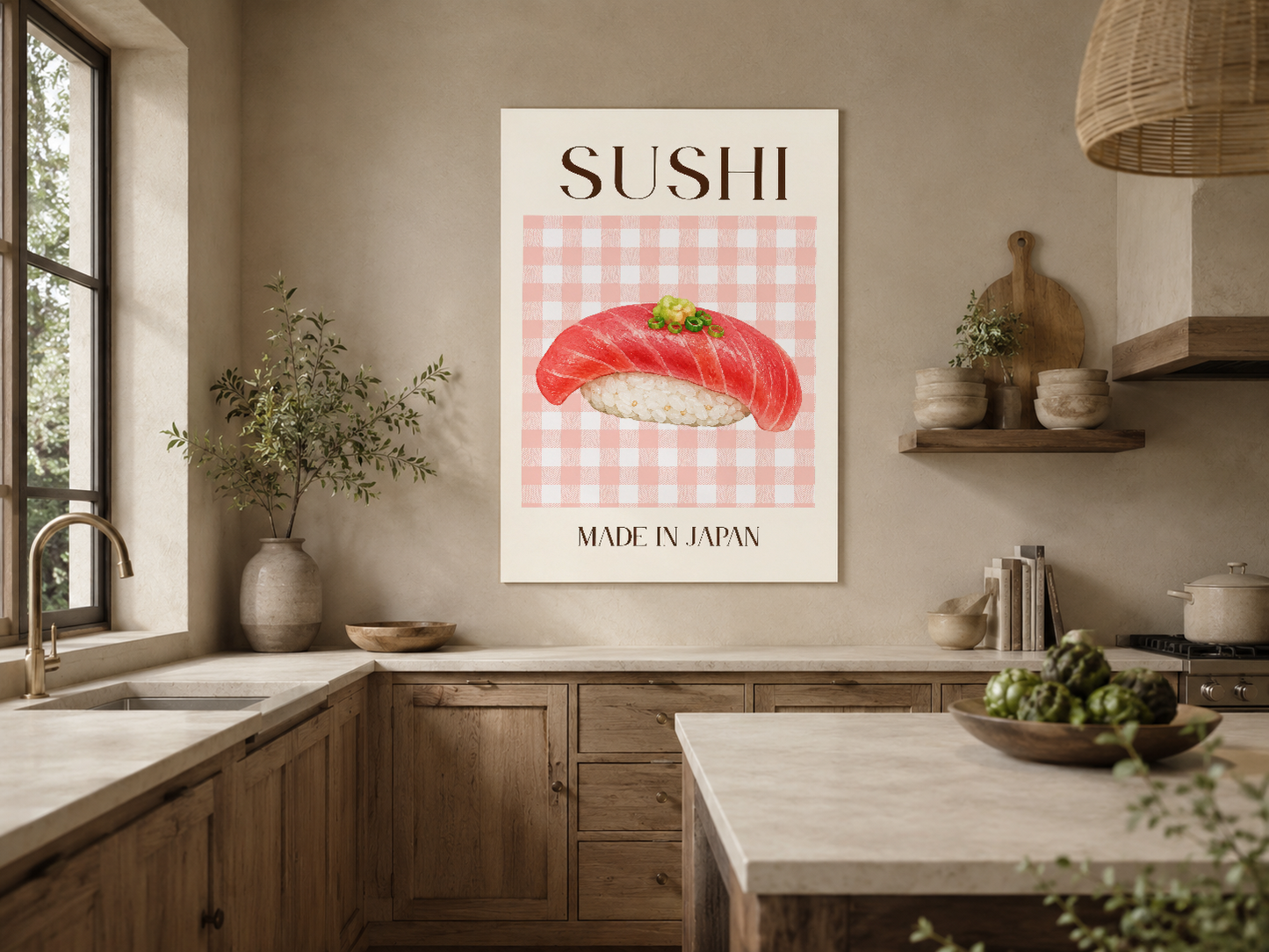 Ahşap mobilyalı rahat mutfakta vintage sushi sanat baskısı, soğukkanlı ve appetizing tasarım.