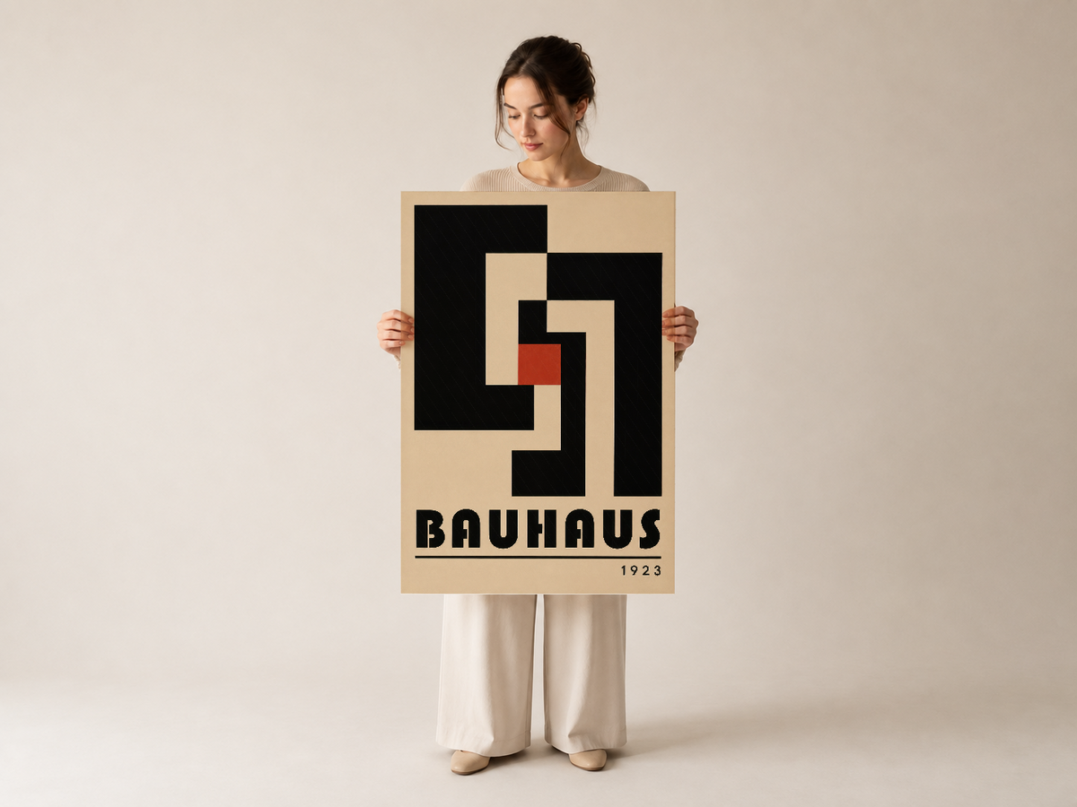 Bauhaus 1923 tablosu, sanatçı tarafından tutulmuş ikonik geometrik tasarım krem tonunda sergileniyor.
