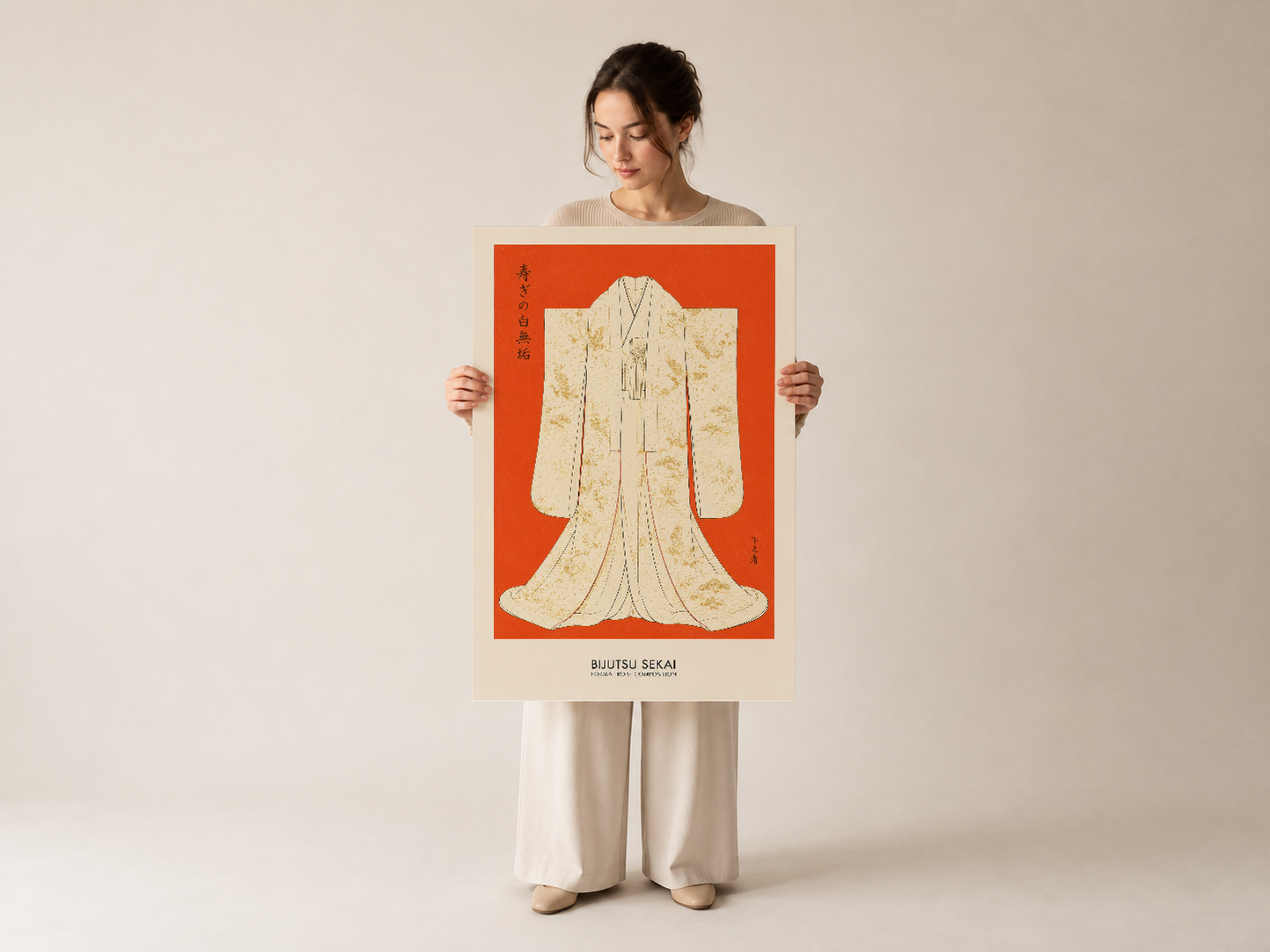 Kişi tarafından öne konulan, vibryan turuncu alan ve detaylı kimono figürü içeren modern sanat baskısı.