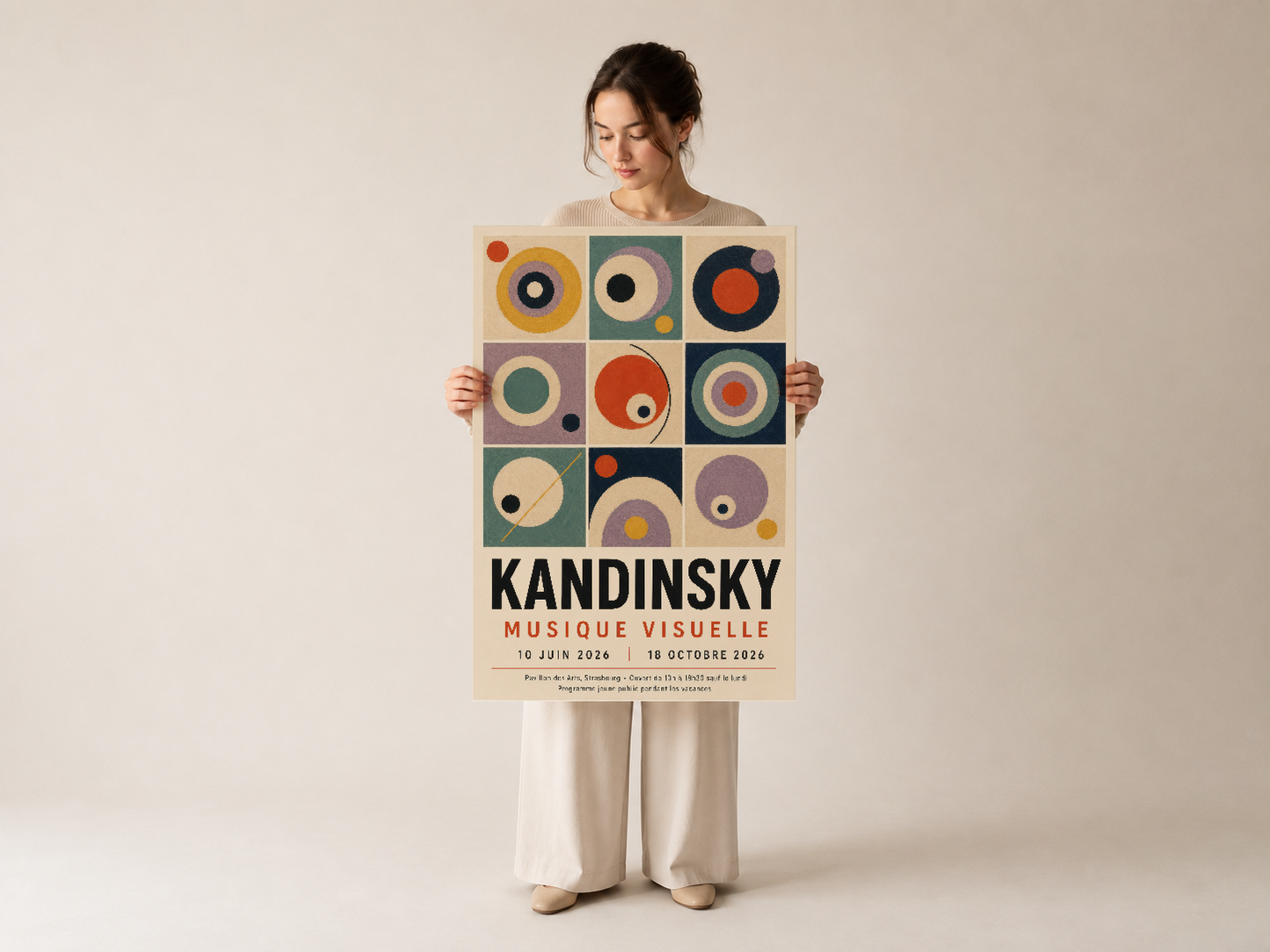 Kandinsky Musique Visuelle poster, soyut daire geometrileriyle çağdaş sanat dekorasyon, retro tasarım sergisi anonsunun baskı