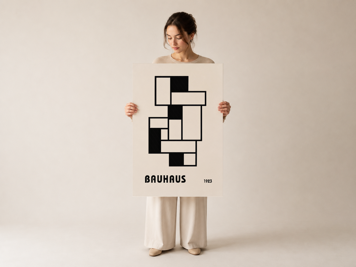 Bauhaus 1923 siyah beyaz geometrik tablo, sanatsal tasarımıyla kolaylıkla sergilenebilen modern poster.