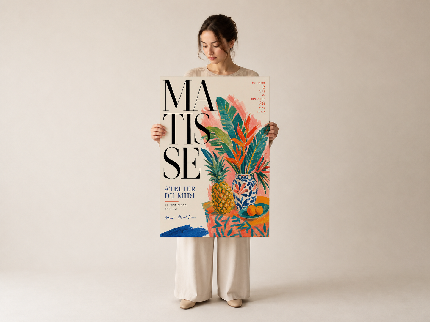 Matisse atelier tablosu, tropikal çiçek ve ananas motifiyle, modern tasarımlı renkli duvar sanatı baskısı.