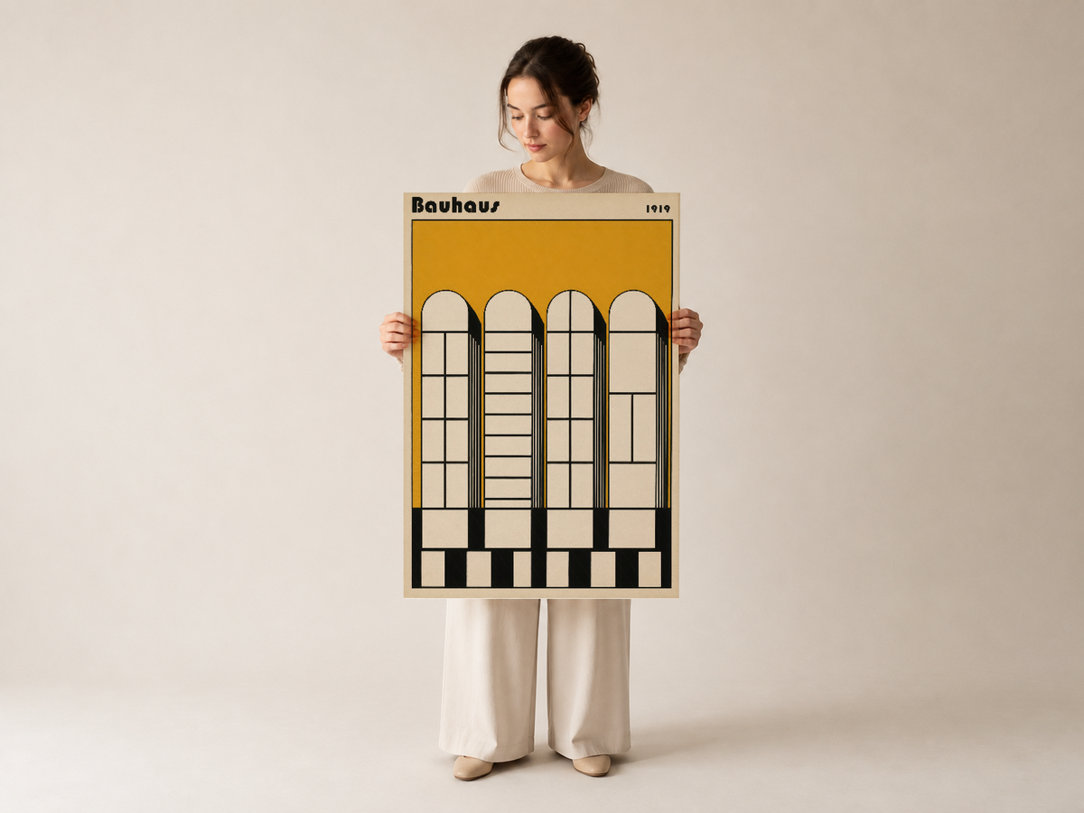1919 Bauhaus mimarisi ilham alan dört pencereli sarı poster tablosu, sanatsal tasarım ürünü.