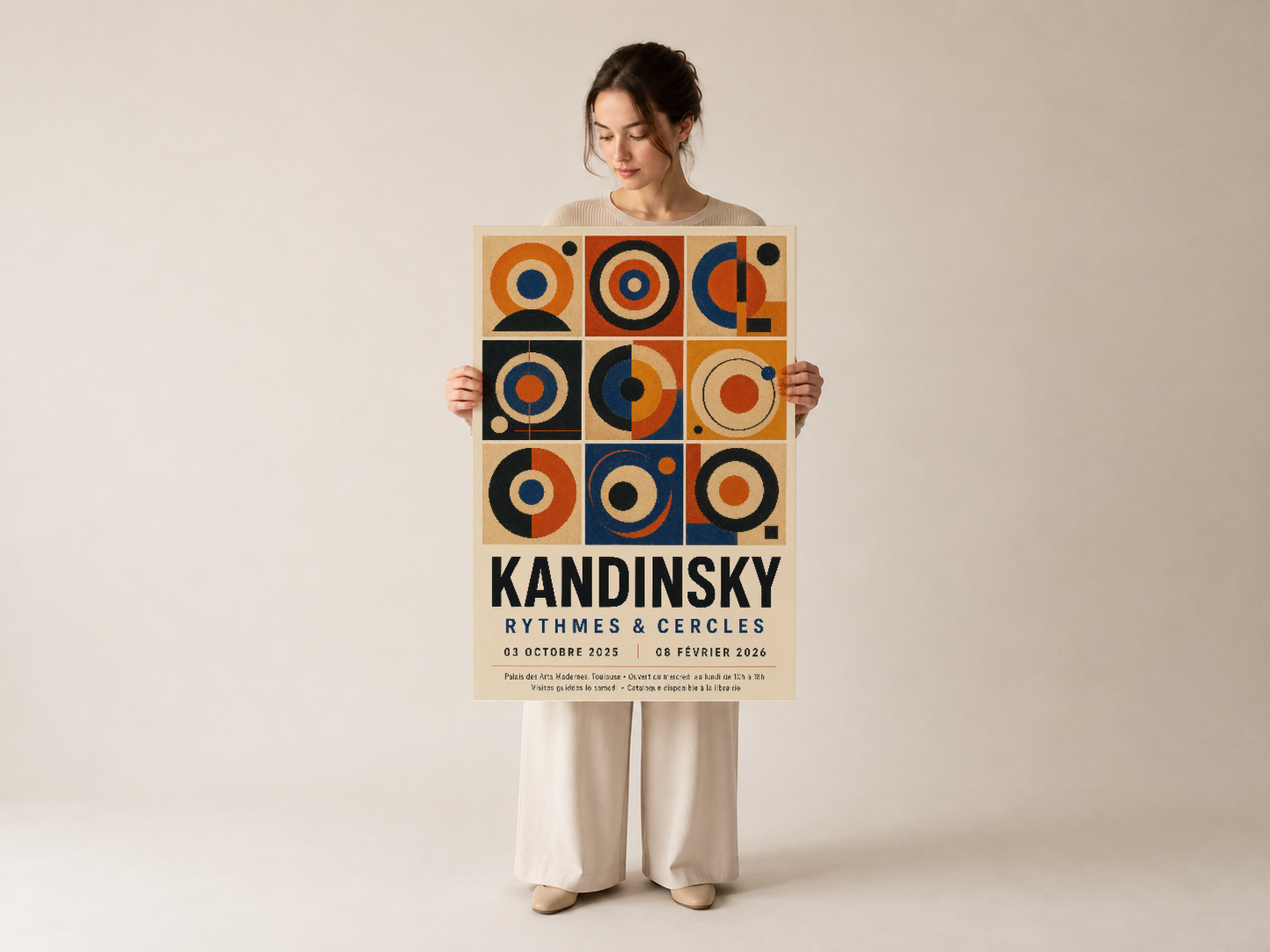 Kandinsky Ritimleri ve Çemberler posteri, kadın tarafından sunulan, avangarde geometrik çember tasarımı.