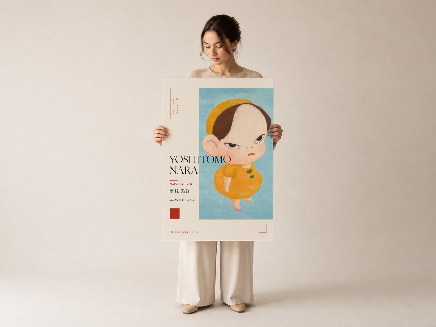 Yoshitomo Nara sanat baskısı kadın tarafından gösterildi, retro tipografi ve ilustrasyon tasarımı.