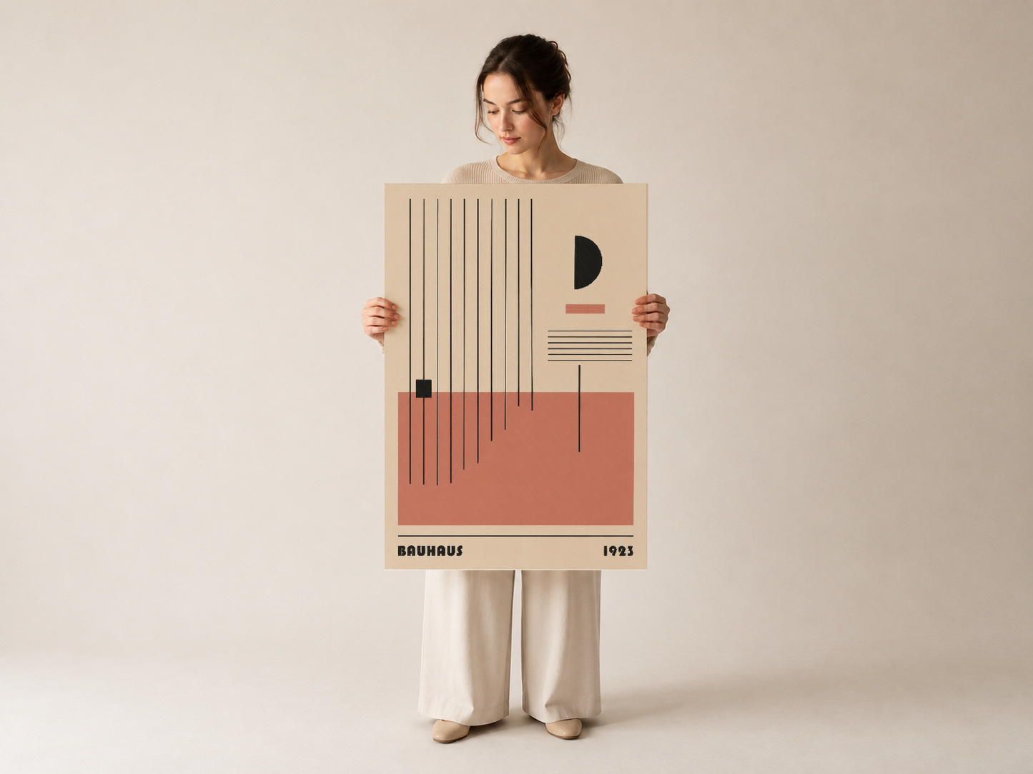 Bauhaus ekolü duvar tablosu, soyut tasarımı ve 1923 tarihli vintage estetikle contemporary dekor öğesi.
