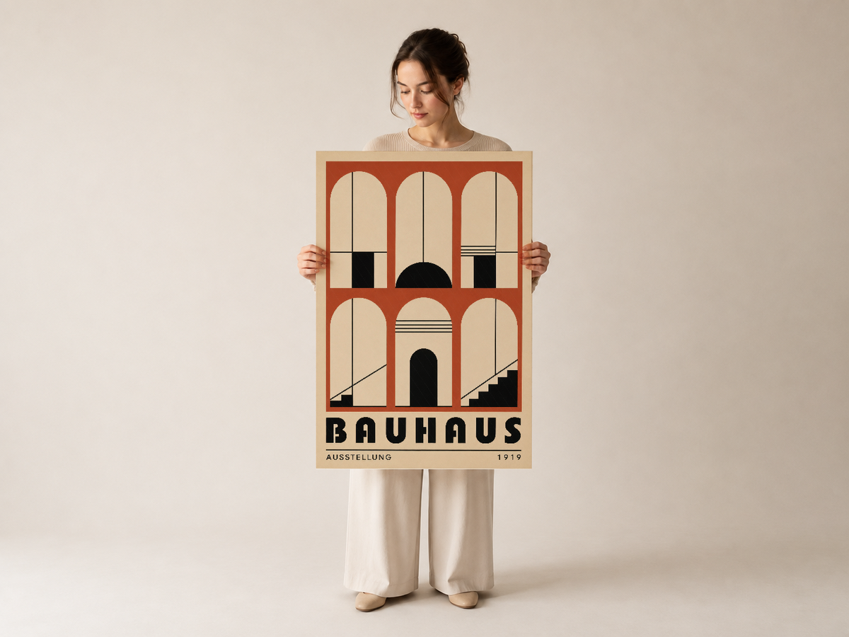 1919 Bauhaus sergisinin sembolik posteri, ışığı yansıtan geometrik şekillerle yapılan endüstriyel sanat baskısı.