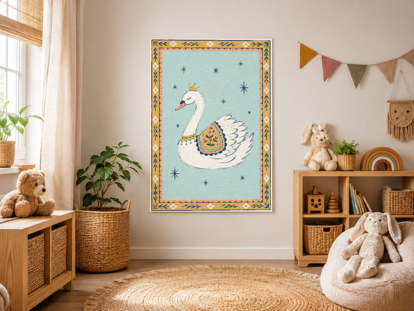 Masal temalı kuğu sanat tablosu, boho tarzı çocuk odası aksessuarları arasında merkezi gösterişli konumu.