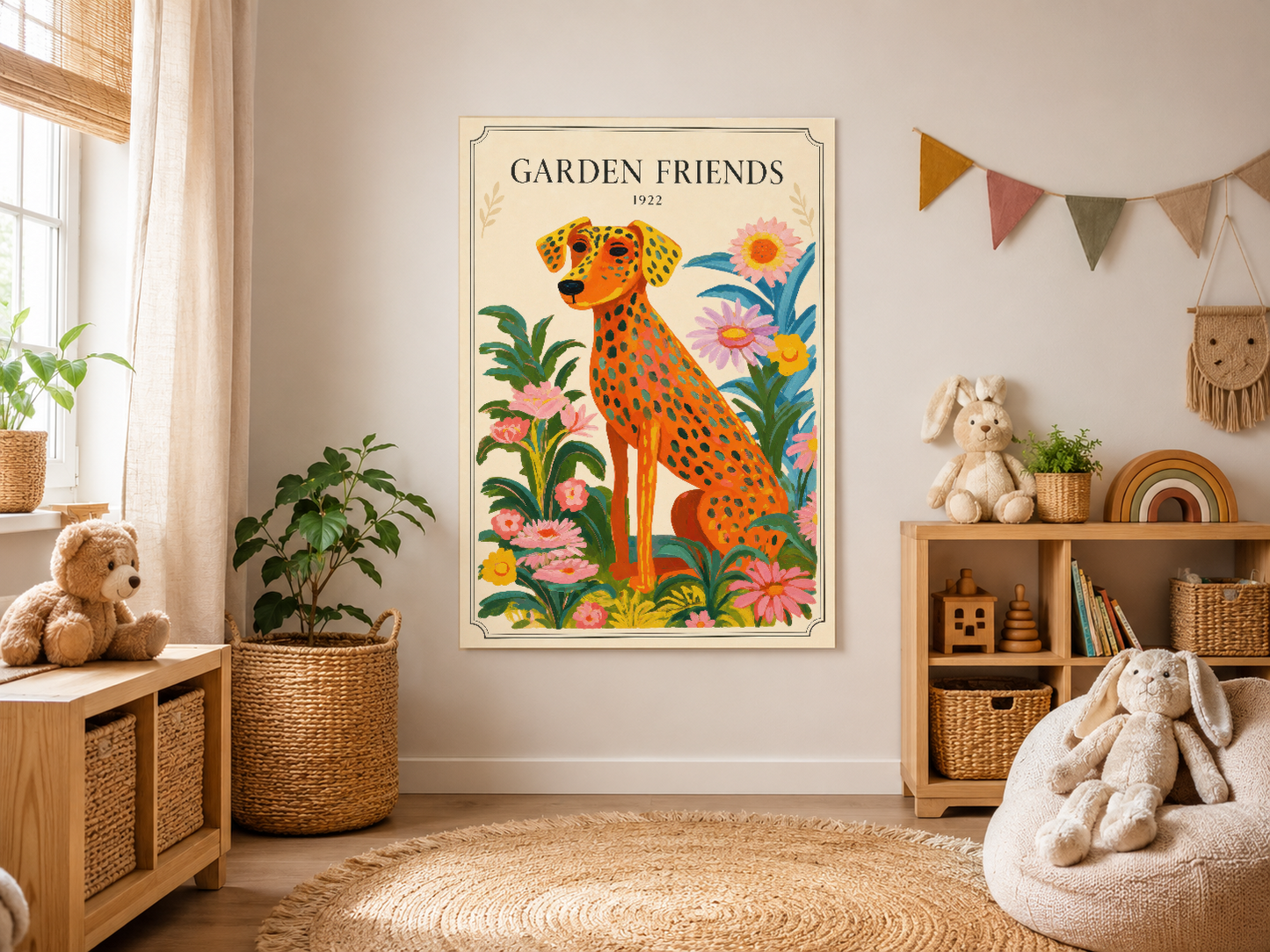 Vintage Garden Friends sanat baskısı, ahşap raf ve oyuncaklı boho tarzı çocuk odasında.