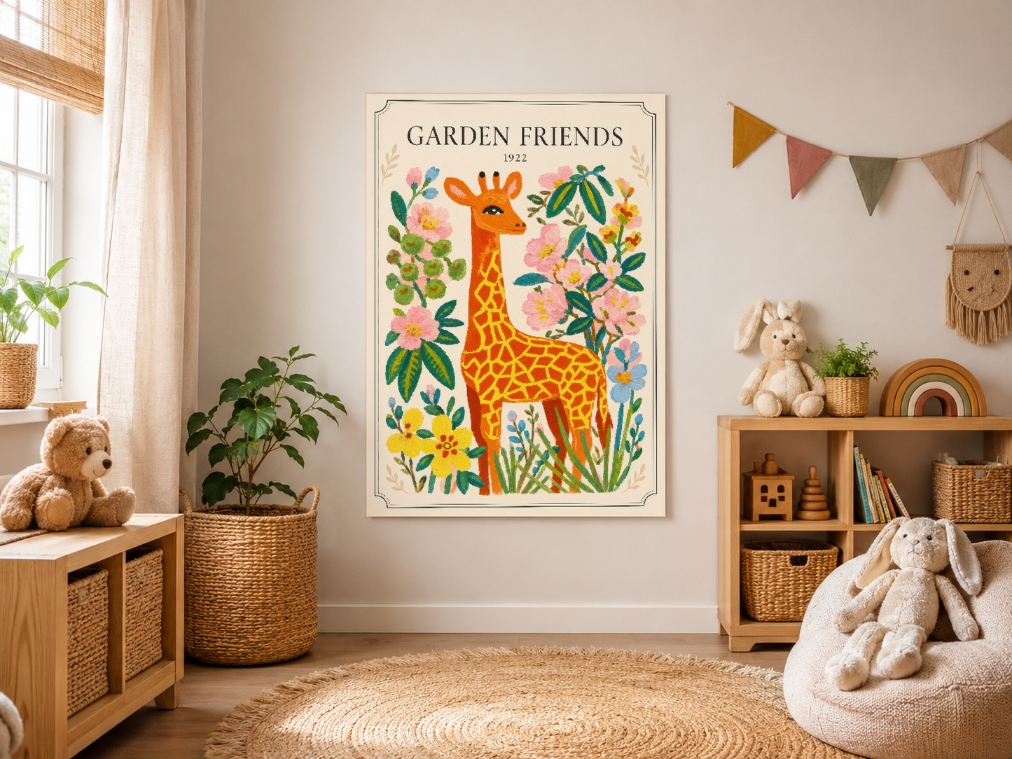 Doğal tonlarda çocuk yaşam alanına eklenmiş, sanat değeri yüksek Garden Friends duvar tablosu.