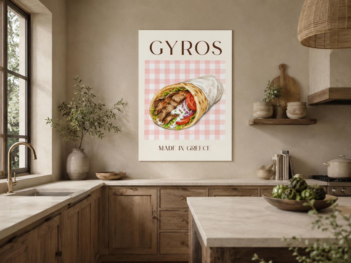 Ahşap mutfakta sergilenen gyros sanat tablosu, klasik Akdeniz ambiyansı yaratır.