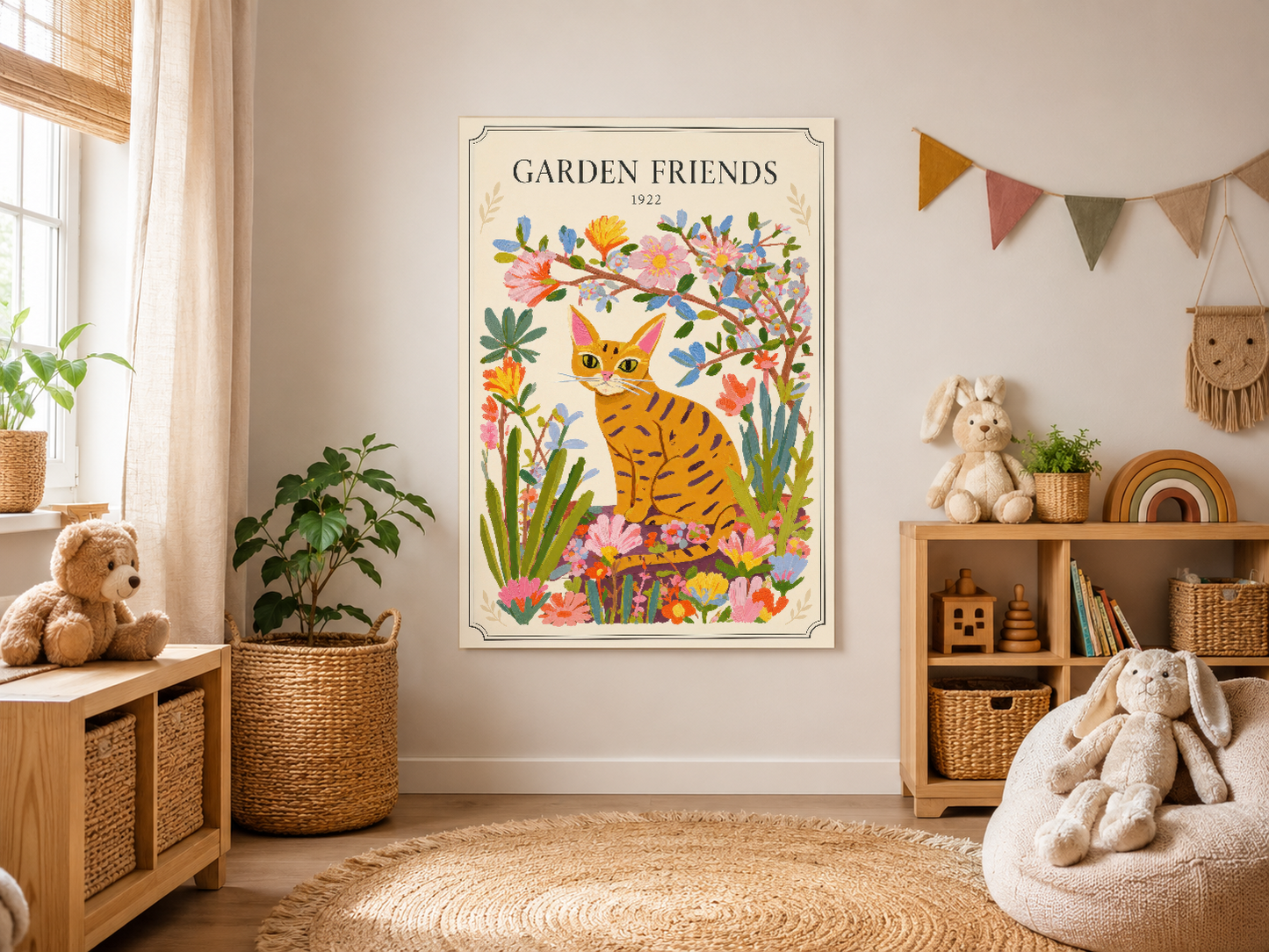 1922 tarihli 'Garden Friends' tablosu, çocuk odasında doğal ışık alan duvarın göz alıcı merkezi dekorasyonu.