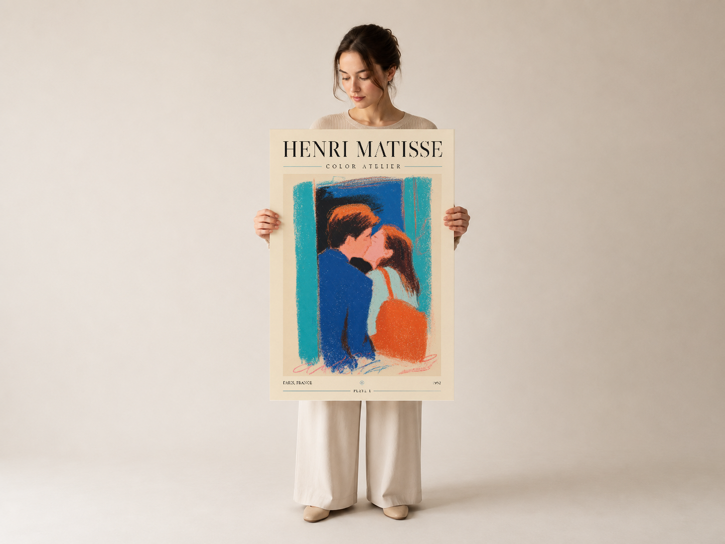 Matisse sanat posteri, kadinın elleriyle sunulan vibrante renk kombinasyonlu klasik tasarım duvar dekorasyonu.