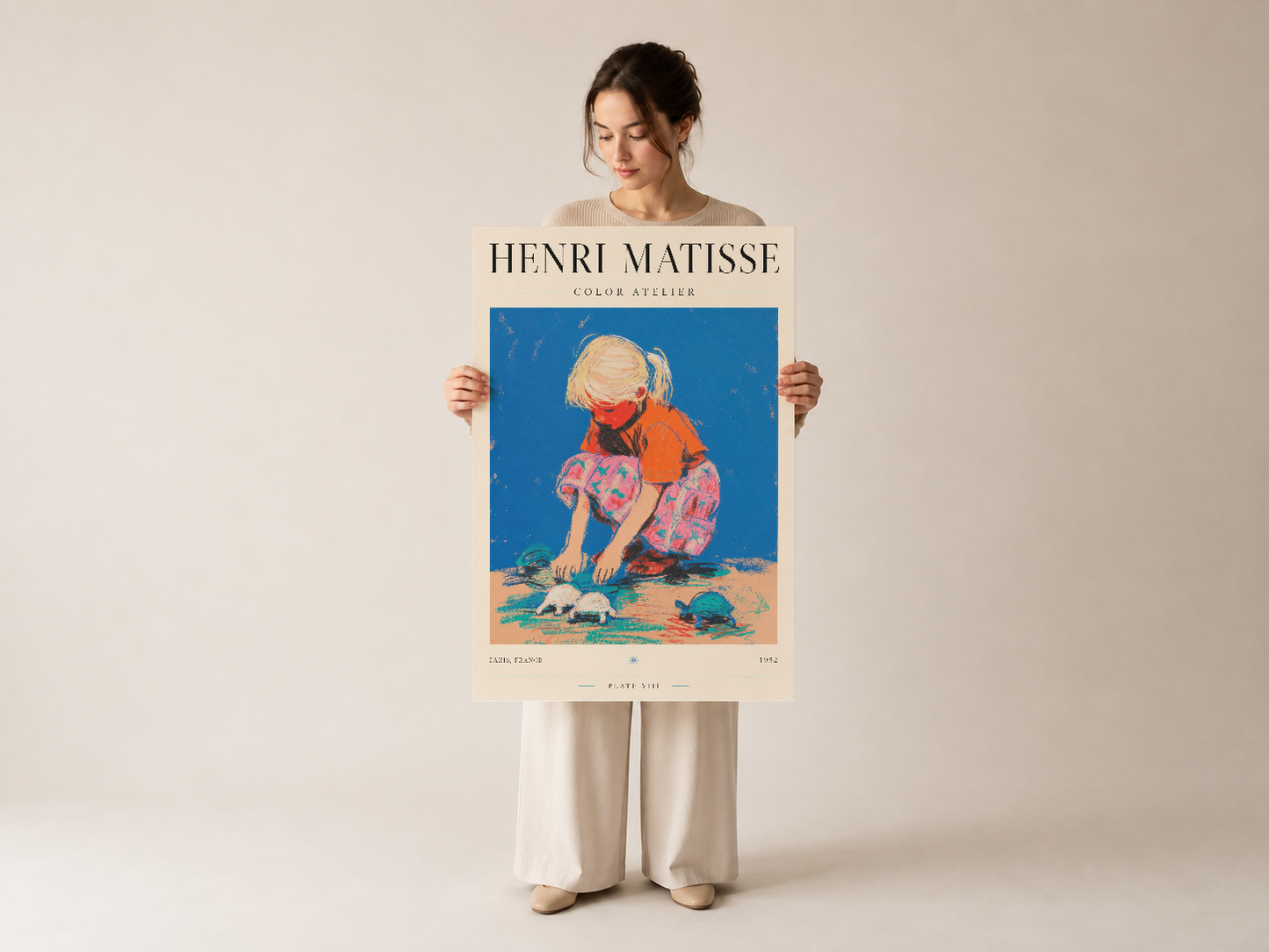 Henri Matisse Color Atelier tablosu, boş arka fonda sunulan, çocuğun kumda oyun sahnesinin canlı mavi-turuncu yorumu.