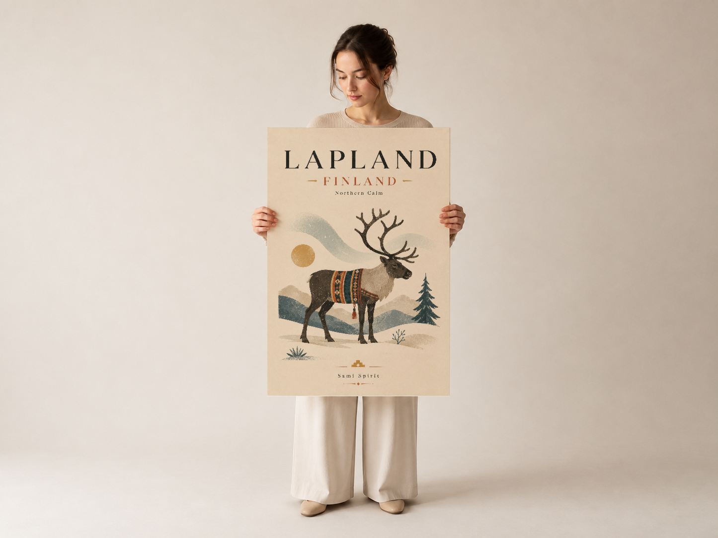 Lapland Finland tablosu, kuzey temasıyla dekoratif duvar sanatı olarak sunulan skandinavyen stilinde poster.