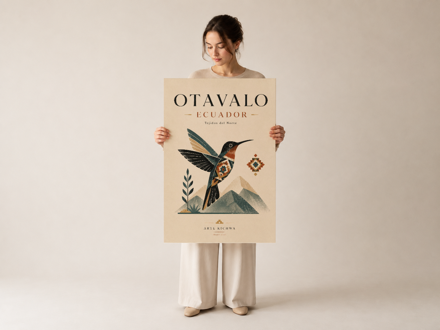 Otavalo Ecuador posterinin, bej tonlarında kolibri, dağ ve dekoratif geometrik tasarımıyla sunum.