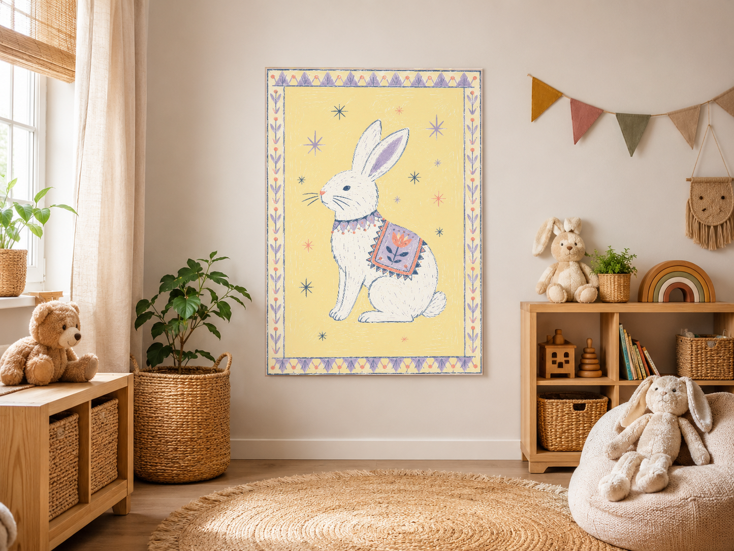Pastel sarı fondoda mor dekorasyonlu tavşan, boho çocuk odasında doğal ışıkla birlikte sıcak bir izlenim yaratır.